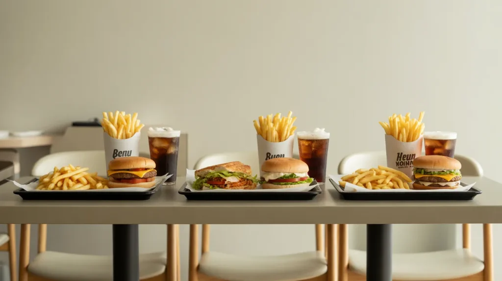 individual burger combo meals with fries and drinks
