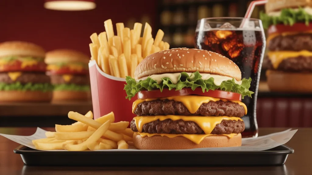 premium burger combo meal with double patty fries and drink